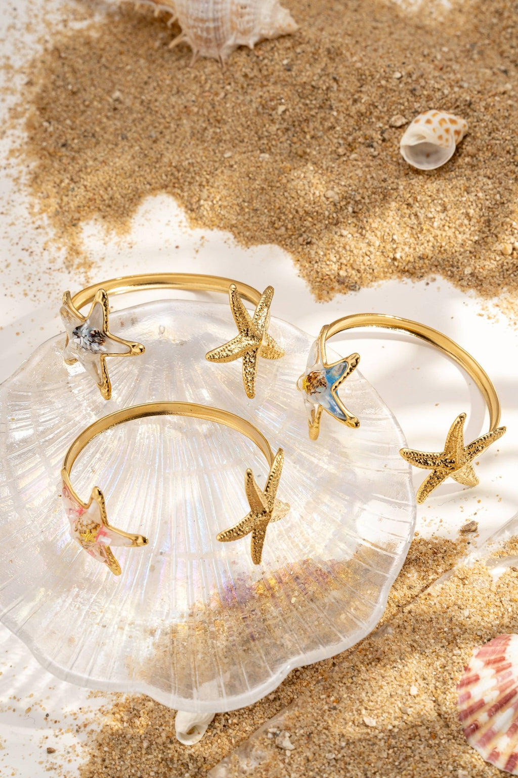 Bracelet Jonc Ajustable Acier Inoxydable Doré Étoiles de Mer - Bijoux Bravo