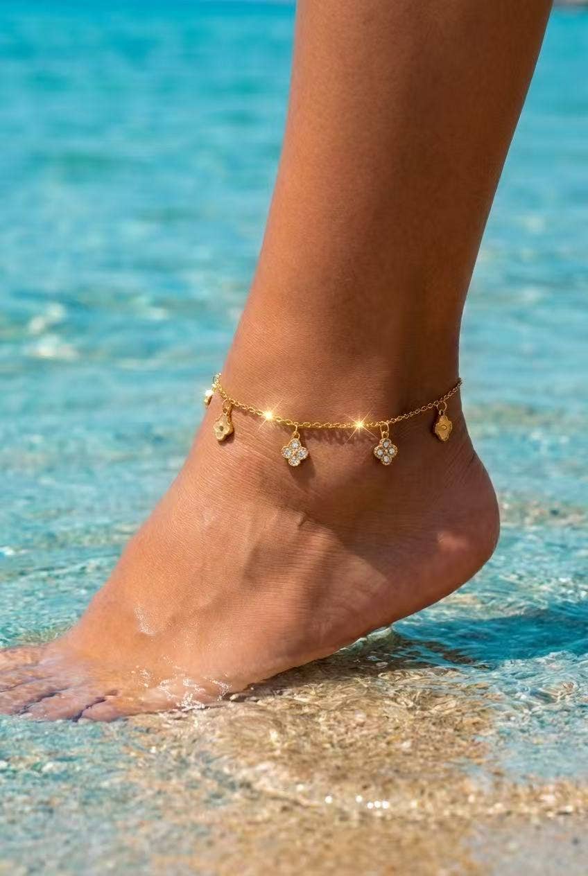 Chaine cheville doré charms trèfles strass été porte‑bonheur - Bijoux Bravo