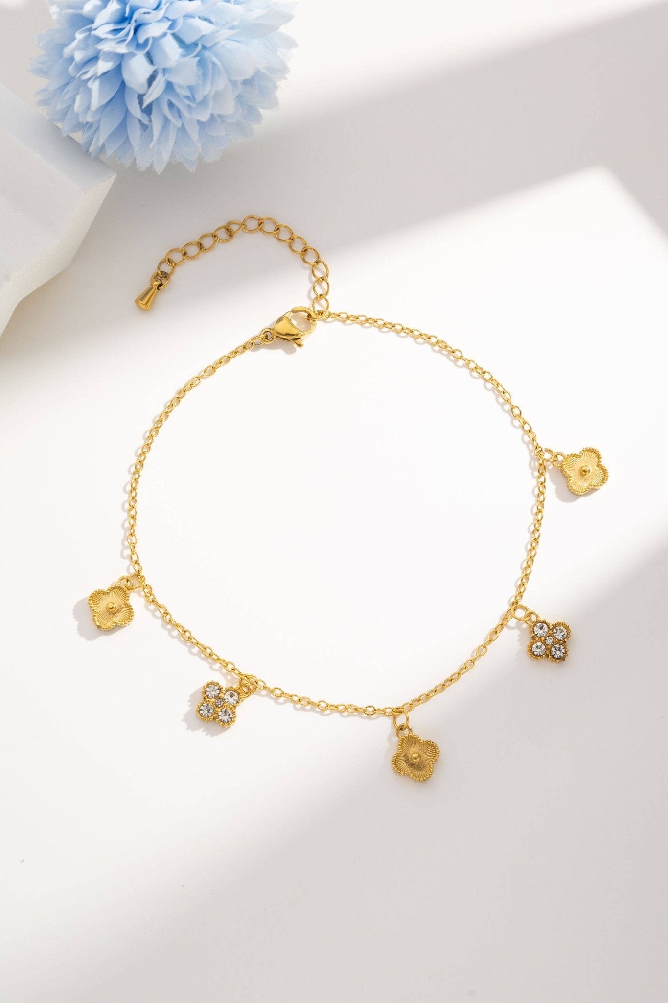Chaine cheville doré charms trèfles strass été porte‑bonheur - Bijoux Bravo