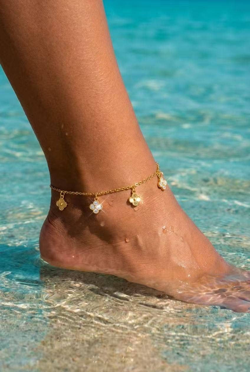 Chaine cheville doré charms trèfles strass été porte‑bonheur - Bijoux Bravo