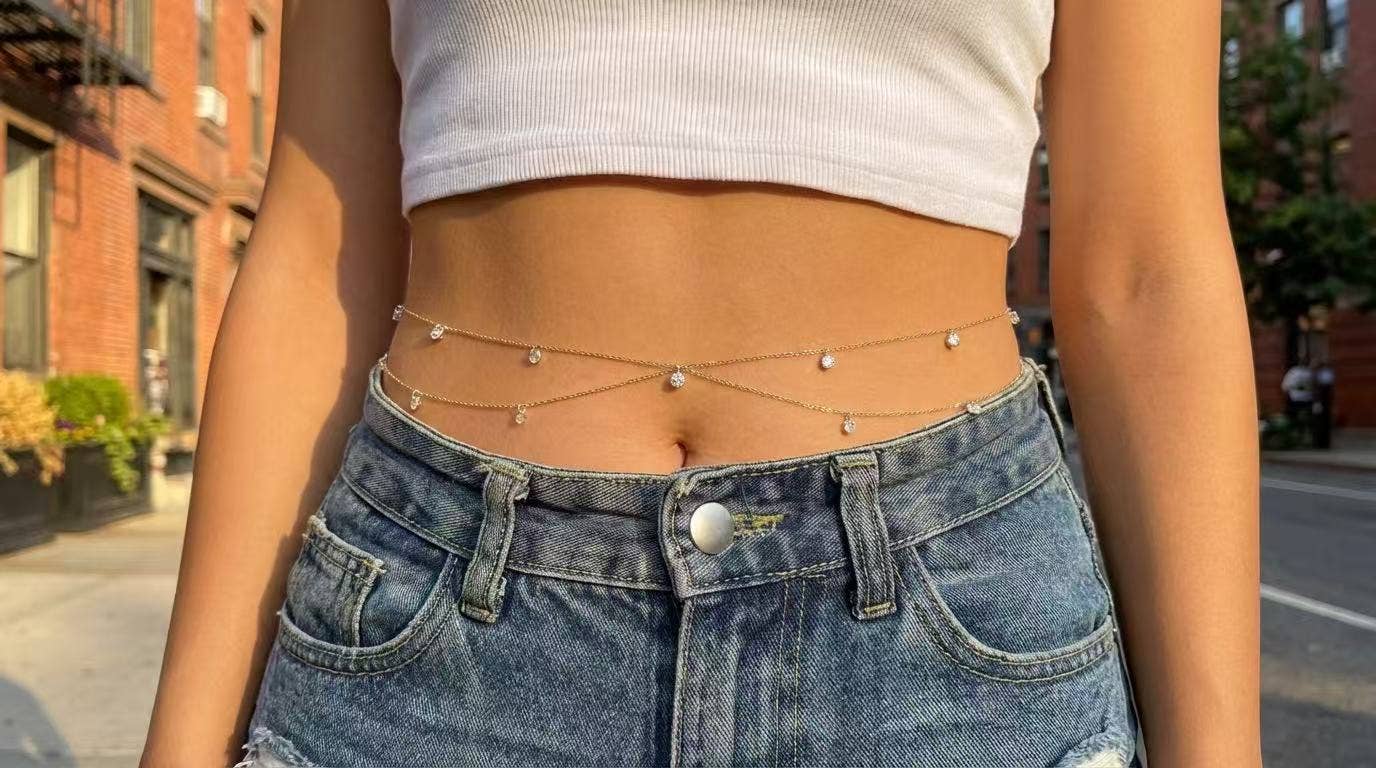 Chaîne de taille dorée double rang acier inoxydable cristaux - Bijoux Bravo